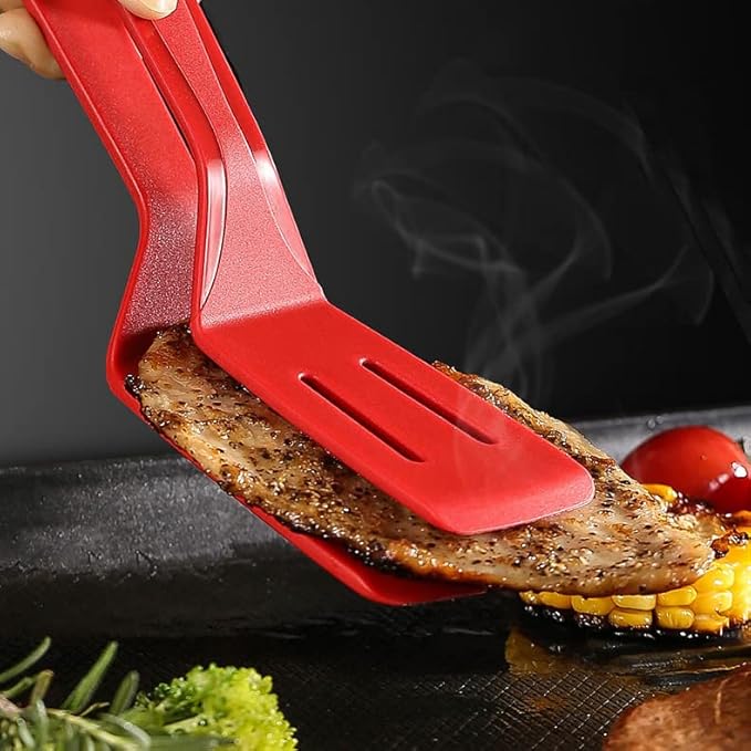 Tongs with Spatula, Silicone-Coated Steel, 11.4 Inch, Red