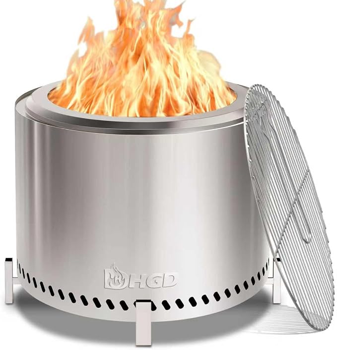 HGD 20" Smokeless Firepit with Stand & Grill Rack, Stainless Steel Wood Burning by HGD