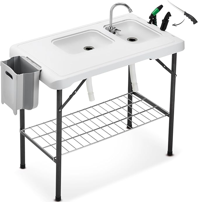 Folding Fish Cleaning Table Portable Camping Double Sinks Table w/2 Dual Water by Avocahom