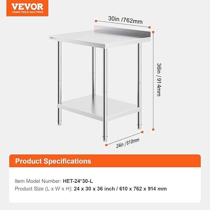 VEVOR 24 x 30 x 36 Inch Stainless Steel Work Table, Commercial Food Prep - Image 3