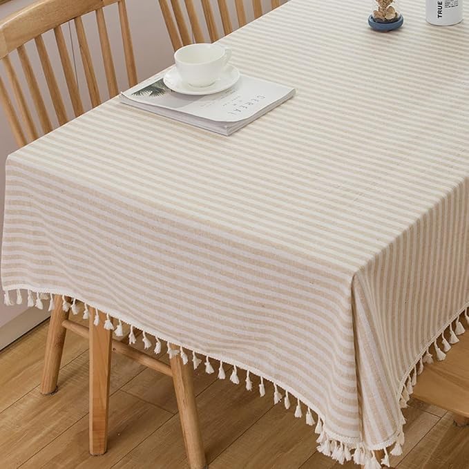 TruDelve Cotton Square Tablecloth 70 x 70 Beige Striped Cloth Tablecloths Fall by TruDelve