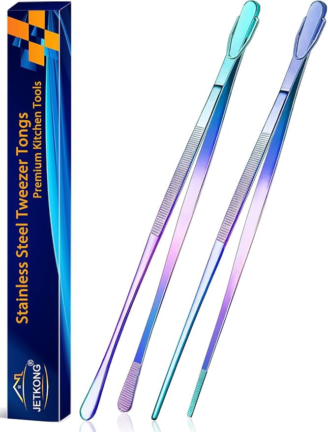 Tongs 14-Inch Stainless Steel Food Tweezers, 2-Pack, Rainbow Finish