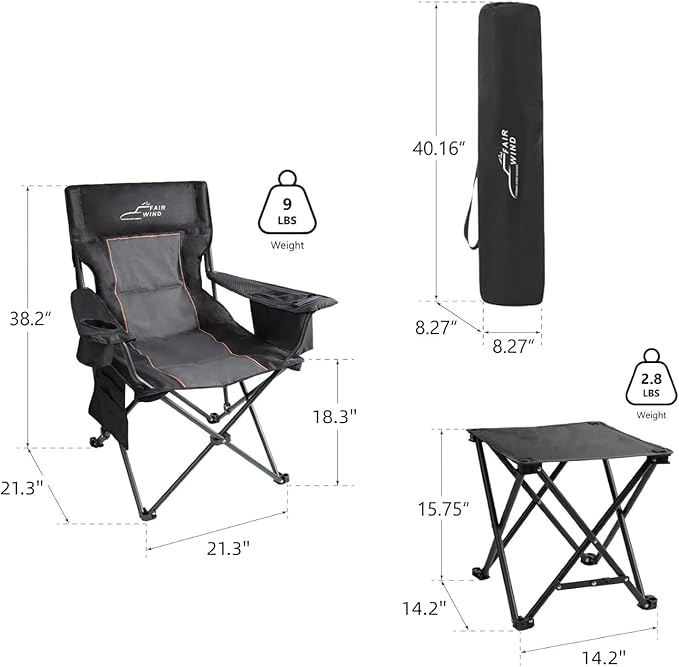 Camping Chair with Footrest, Padded Quad Fold Lounge Chair in Black