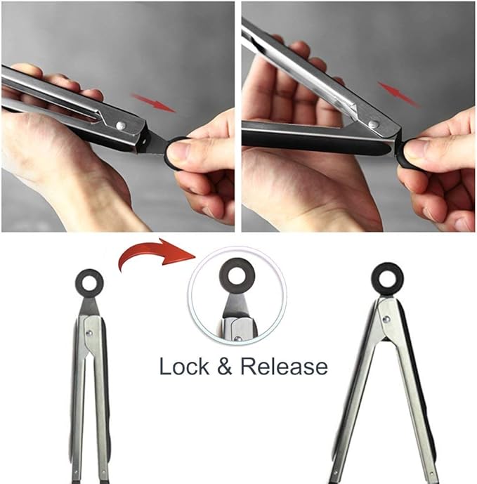 Tongs with Locking Ring, Stainless Steel and Silicone, Black, 12 Inch