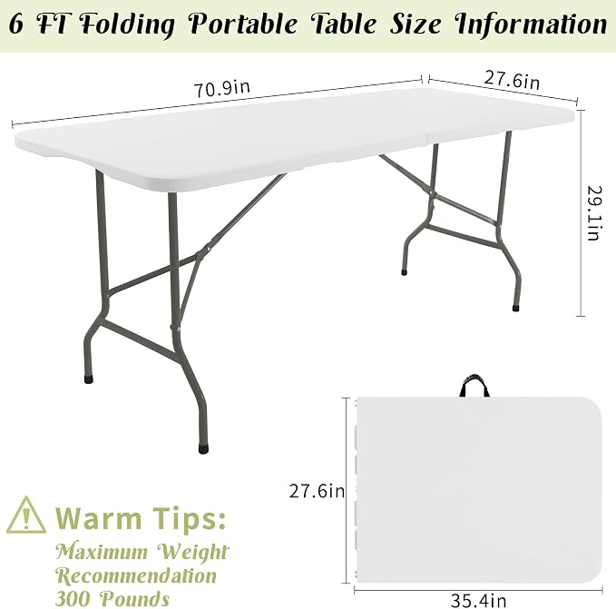 Fivenl 2 Pack 6 FT Folding Tables White Foldable Table, Fold-in-Half - Image 2