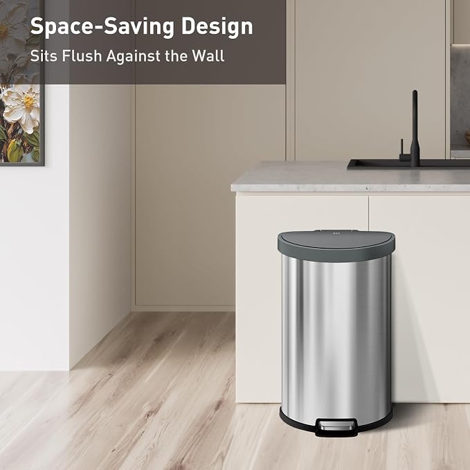 EKO Aria Brushed Stainless Steel Step Kitchen Trash Can Semi-Round 45L - Image 2