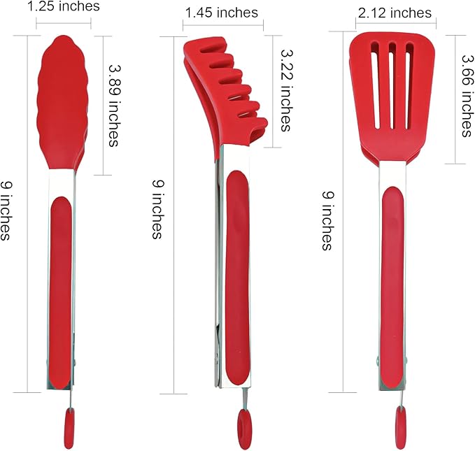 Tongs 3-Piece Set, 9-Inch Locking Stainless Steel Kitchen Tongs in Red
