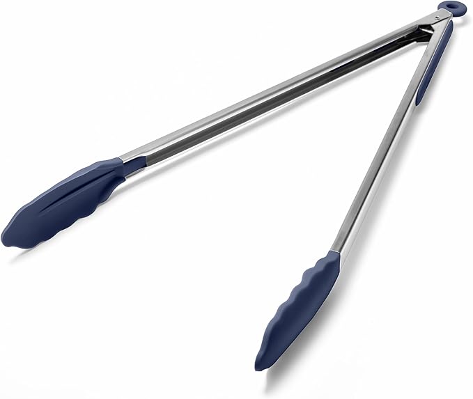 Tongs, 17.2-Inch Navy Blue Stainless Steel with 600°F Silicone Tips