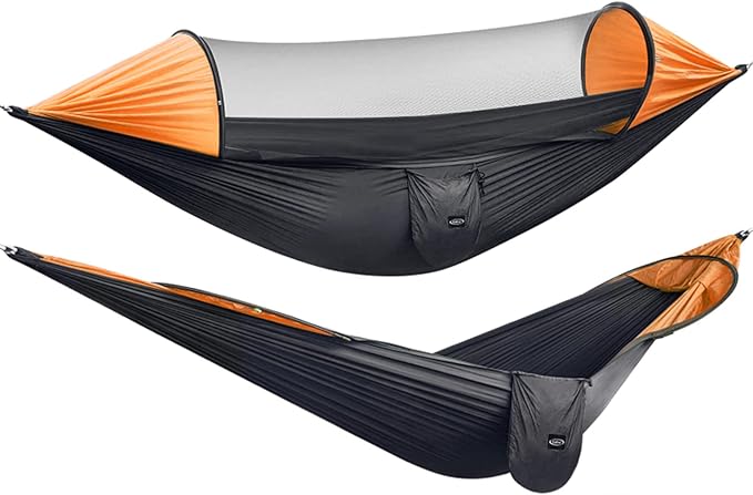 Hammock with Mosquito Net, Black/Orange Nylon Pop-Up Camping Hammock