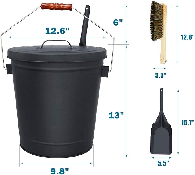 Uniflasy Ash Bucket with Lid, Shovel and Hand Broom, 5.2 Gallon Metal Coal Ash - Image 6
