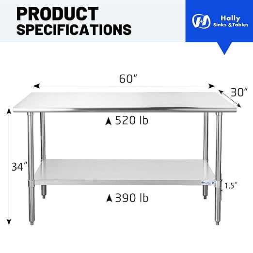Hally Stainless Steel Table for Prep & Work 30 x 60 Inches, NSF Commercial - Image 3