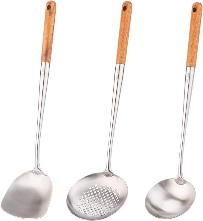 FJNATINH Wok Spatula and Ladle, Skimmer Ladle Tool Set, 17inches Spatula by HOMEKITCHENTOOL
