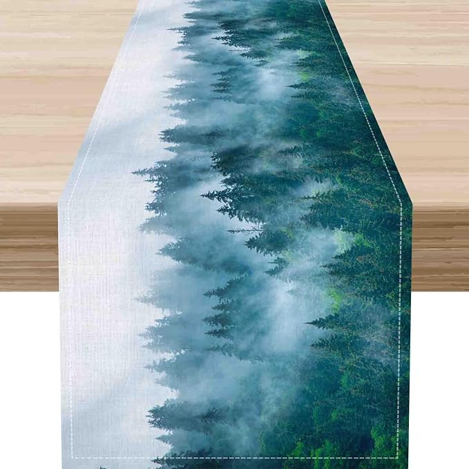 Forest Table Runner, Rustic Farmhouse Misty Pine Tree Woodland Mountain Country by Unknown