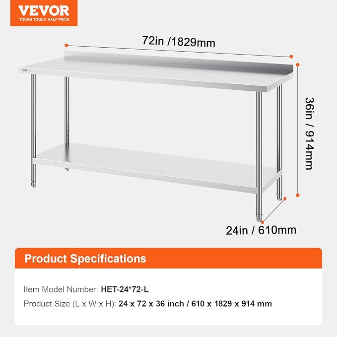 VEVOR 24 x 72 x 36 Inch Stainless Steel Work Table, Commercial Food Prep - Image 3