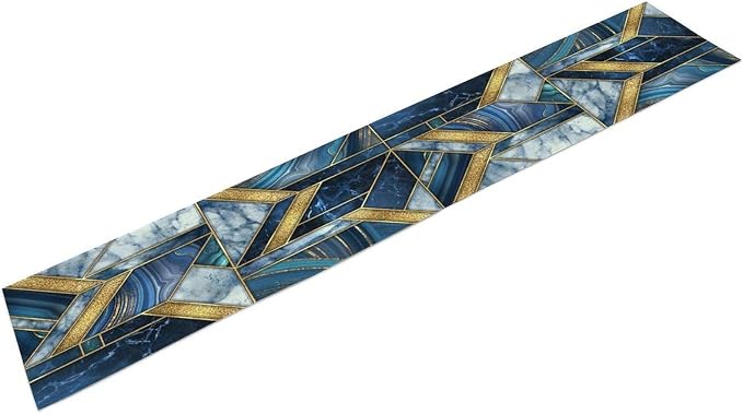 Marble Texture Table Runner, Dark Blue Gold Modern Mosaic Design Table Runner - Image 8