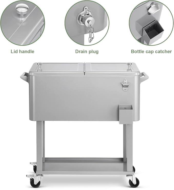 EDOSTORY 80 Quart Rolling Ice Chest Cooler Cart, Patio Backyard Party Drink - Image 3