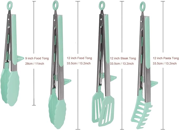 Tongs Set, 4 Piece Green Silicone and Stainless Steel for Grilling