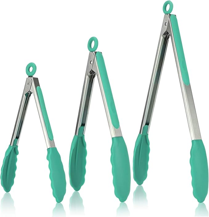 Tongs with 7, 9 and 12 Inch Lengths, Silicone Tips, Aqua Sky
