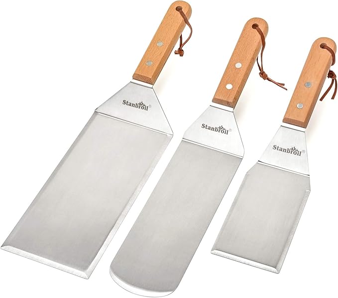 Barbecue Tool Set, 3-Piece Stainless Steel Griddle Spatulas, Wood Handles
