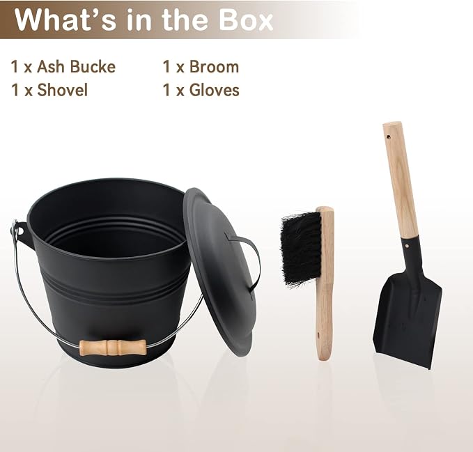 Poofzy Ash Bucket with Lid, Small Fireplace Ash Bucket with Lid and Shovel - Image 3
