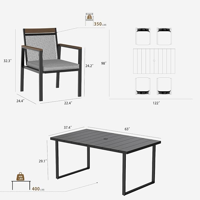5-Piece Patio Dining Table and Chair Sets, Outdoor Metal Dining Furniture Set - Image 2