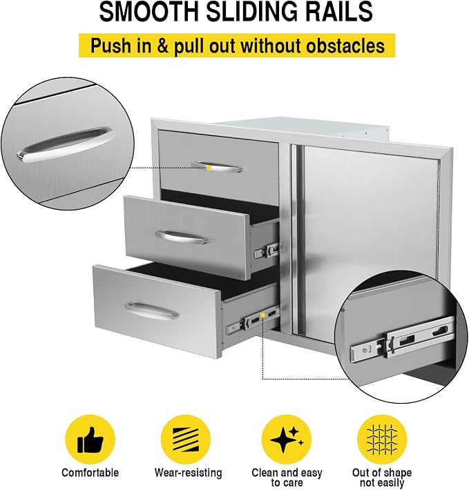 Outdoor Kitchen Drawer Combo, Stainless Steel Triple Drawers & 2 Trash Can - Image 4