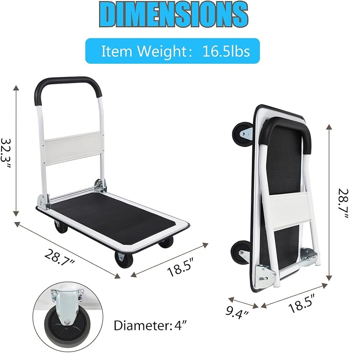 LEADALLWAY Foldable Push Cart Platform Cart 330lbs Capacity 4 Wheels - Image 4