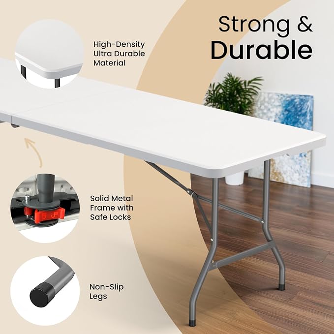 8 Feet Foldable Table with Built in Handle & Steel Legs | Heavy Duty Portable | - Image 3