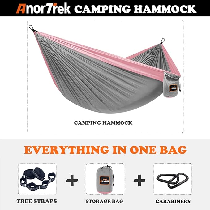 Hammock, 210T Parachute Nylon, 500 lb Capacity, Gray and Pink