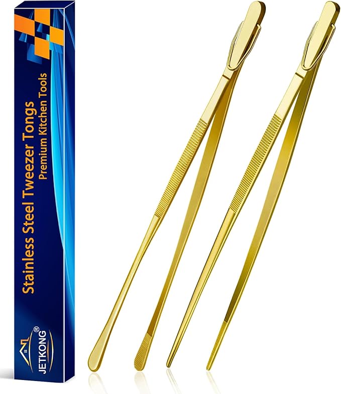 Tongs 12-Inch Stainless Steel Kitchen Tweezers, Set of 2 in Gold