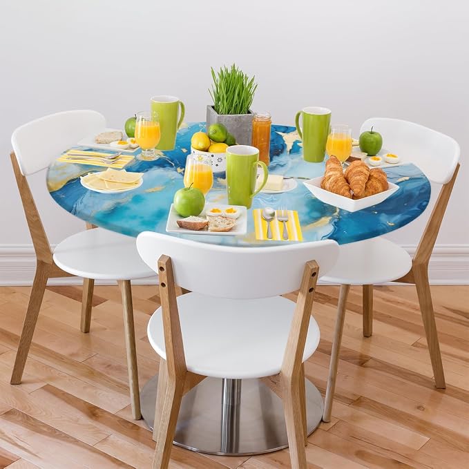 Marble Pattern Ink Blue Round Table Cloth Cover, Elastic Edge Waterproof - Image 7