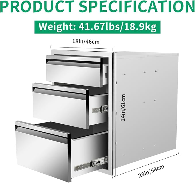 Outdoor Kitchen Drawers 18" W x 24" H x 23" D Stainless Steel Triple Drawers - Image 2