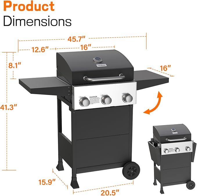 Veralune 3 Burner Propane Gas Grill, 000 BTU Stainless Steel Outdoor BBQ Grill - Image 7