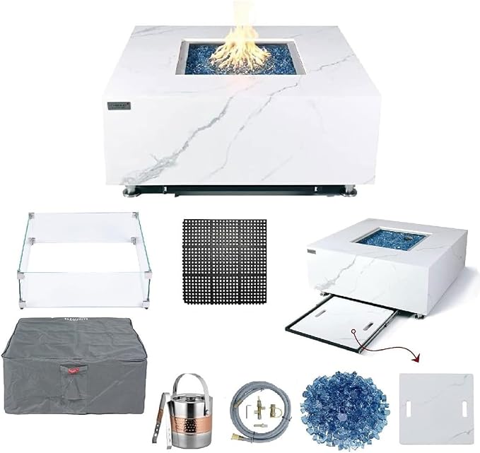 Elementi+ | Bundle Bianco Gas Fire Pit | Marble Porcelain & Metal Frame | 40" by AMSFireplaceInc
