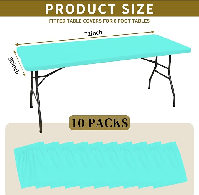10 Pack Fitted Tablecloth for 6 Foot Rectangle Tables, Aqua Blue Elastic - Image 2