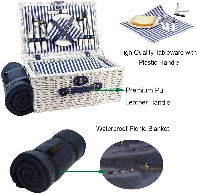 Picnic Basket Willow for 4 Persons, Large Wicker Hamper Set - Image 6