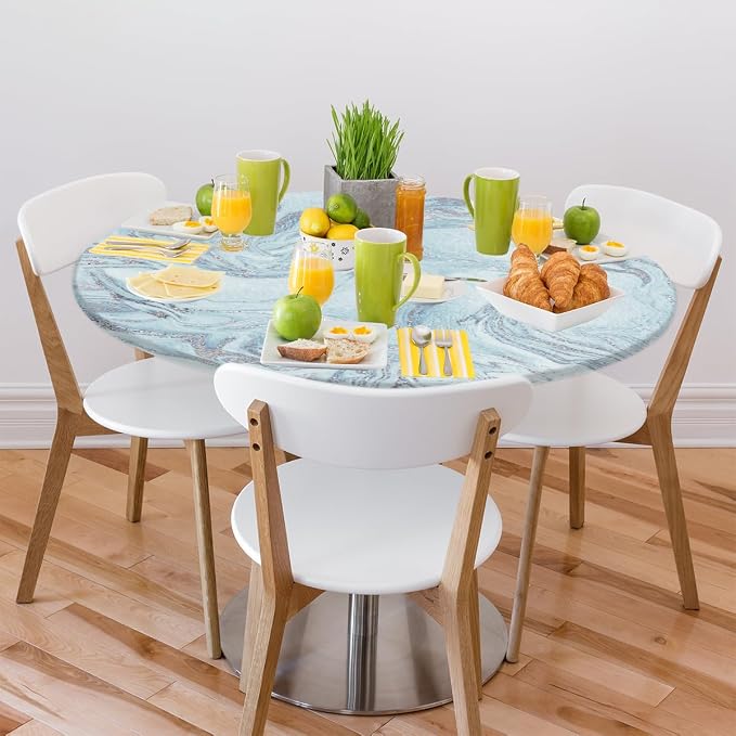 Blue Silver Marble Pattern Round Table Cloth Cover, Elastic Edge Waterproof - Image 7