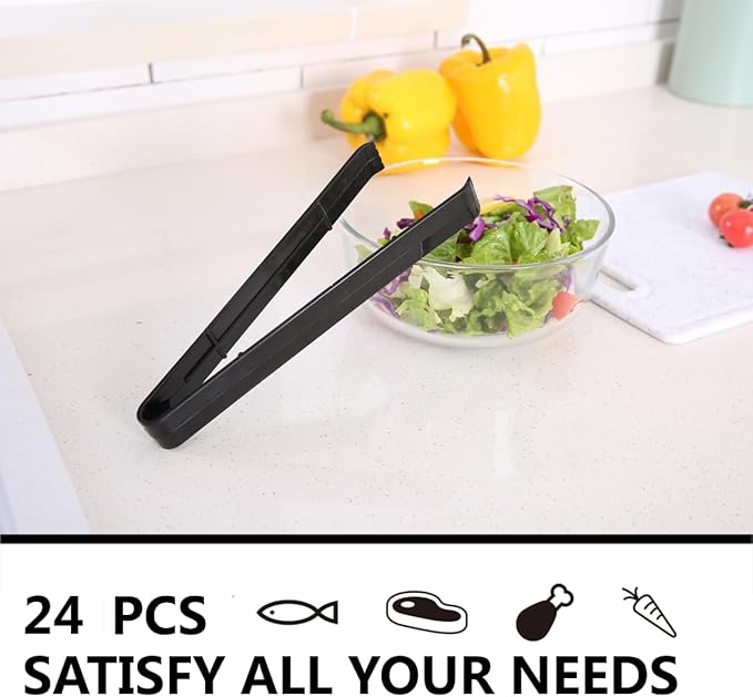 Tongs, 24-Count Black Plastic Serving Set, 9-Inch BPA-Free