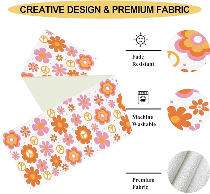 Groovy Floral Table Runner, Retro 70s Hippie Floral Funky Pink Cute Flower - Image 5