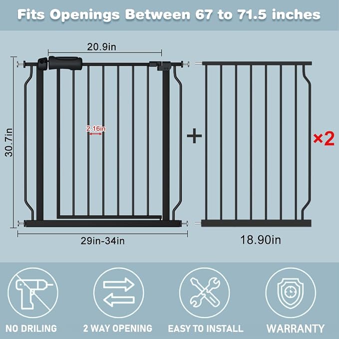 Extra Wide Baby Gate 67-71.5 Inch Wide Walk Through Pressure Mounted Auto Close - Image 2