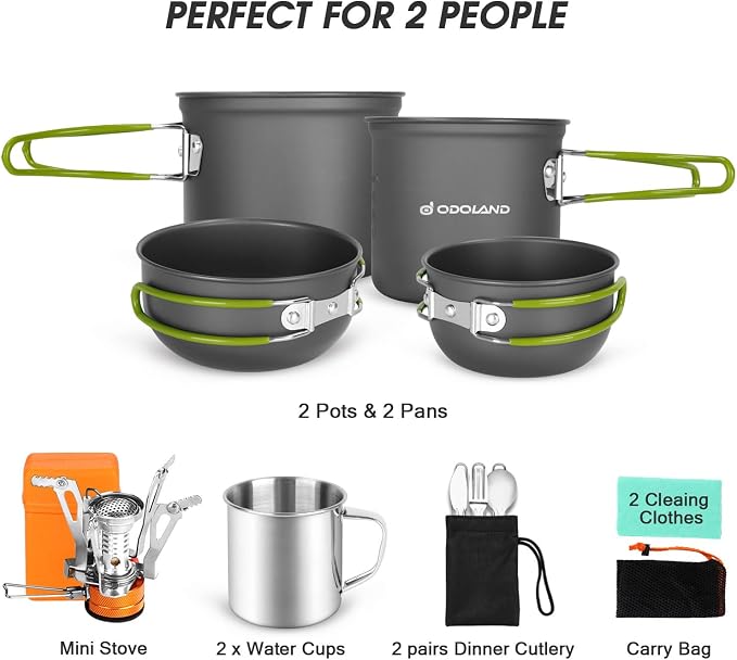 Odoland 16pcs Camping Cookware Mess Kit, Lightweight Pot Pan Mini Stove - Image 2