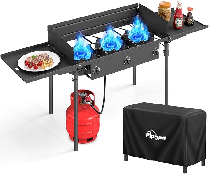3 Burner Propane Camp Stove | 225, 000 BTU Gas Burners | Side Shelves | by Pipopa