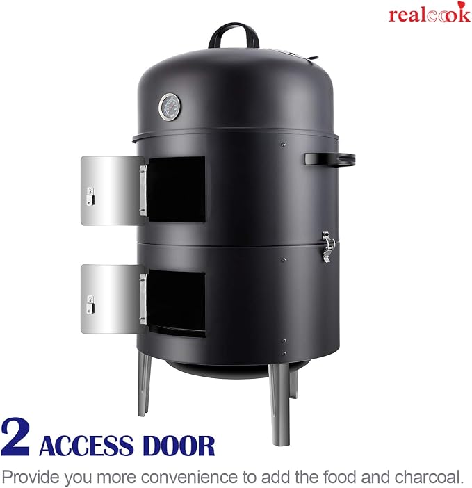 Realcook Vertical 17 Inch Steel Charcoal Smoker, Heavy Duty Round BBQ Grill - Image 8
