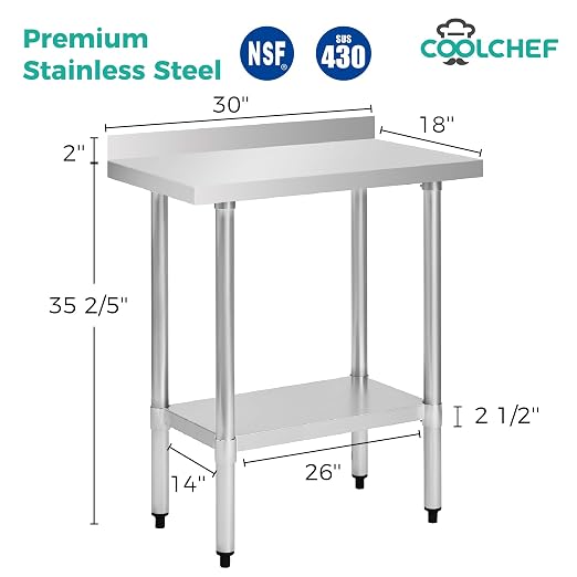 Stainless Steel Work Table 18 x 30 Inch, NSF Commercial Prep Table - Image 2