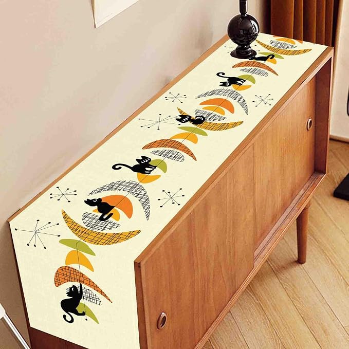 Mid Century Table Runner, Retro 1950s Black Cat Atomic Modern Abstract Coffee - Image 3