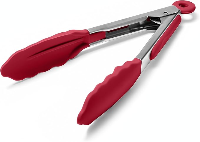 Tongs, 10.51-Inch Stainless Steel with 600°F Silicone Tips, Red