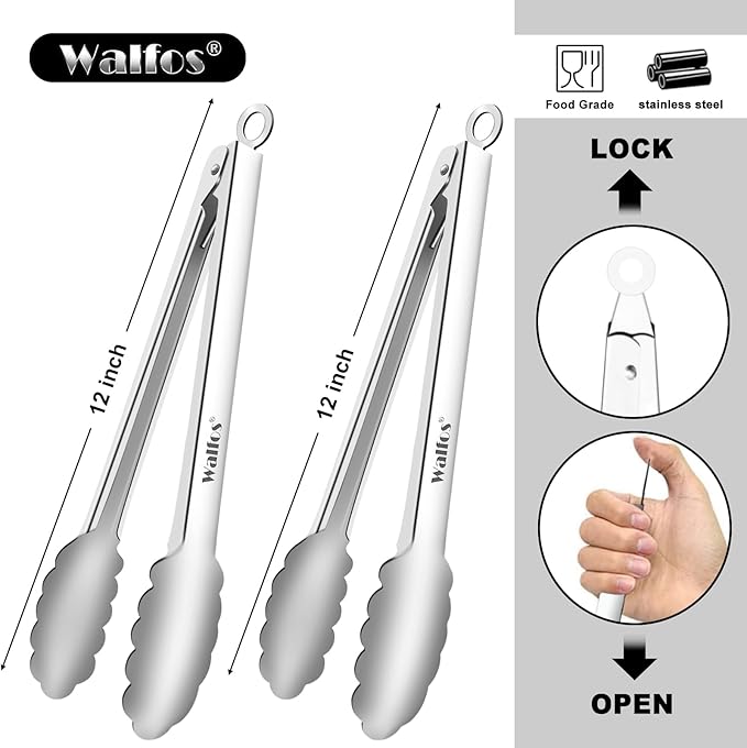 Tongs 2-Pack, 12-Inch Stainless Steel with Locking Pull-Ring