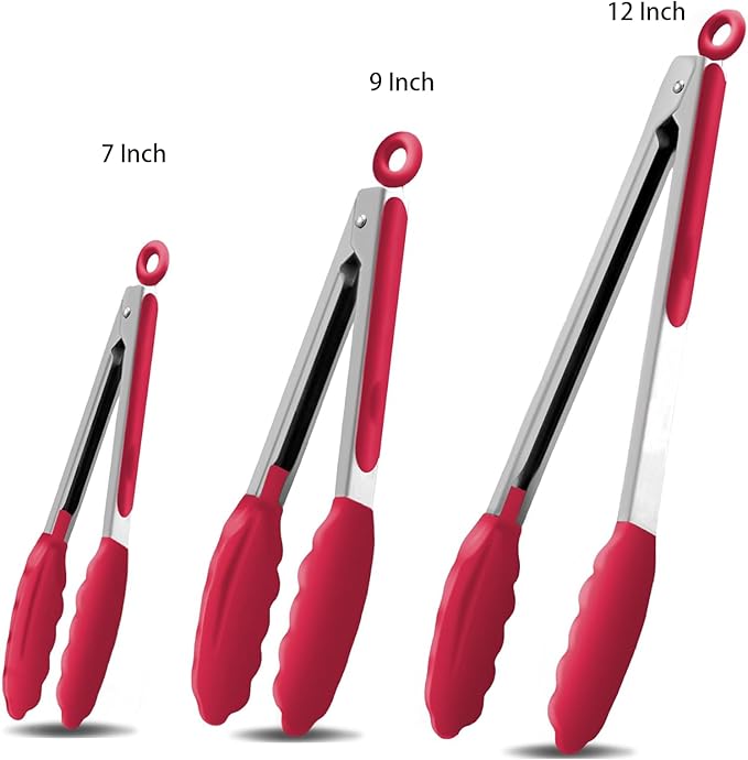 Tongs with Stainless Steel Handles and Silicone Heads, 3 Sizes, Red