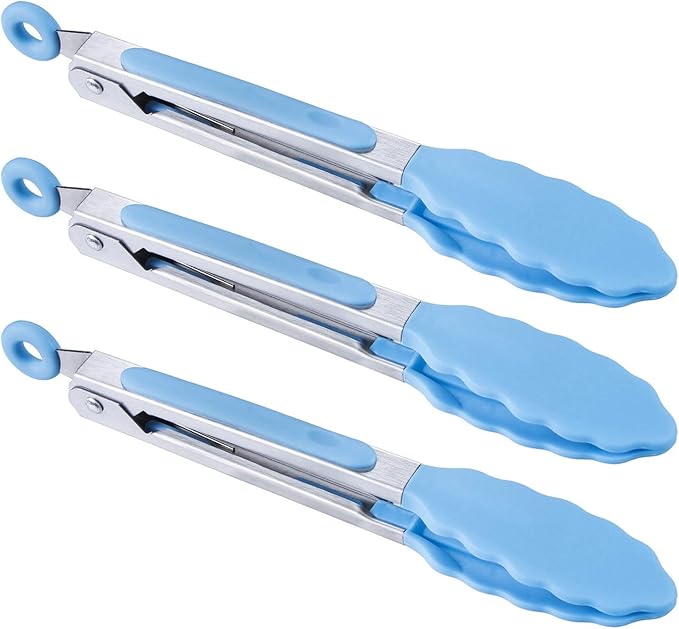 Tongs – 7-Inch Mini Stainless Steel Tongs with Silicone Heads, Blue