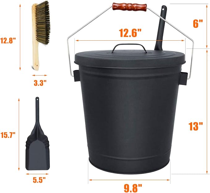 Grisun Ash Bucket with Lid, Shovel and Hand Broom, 5.2 Gallon Coal Bucket - Image 2